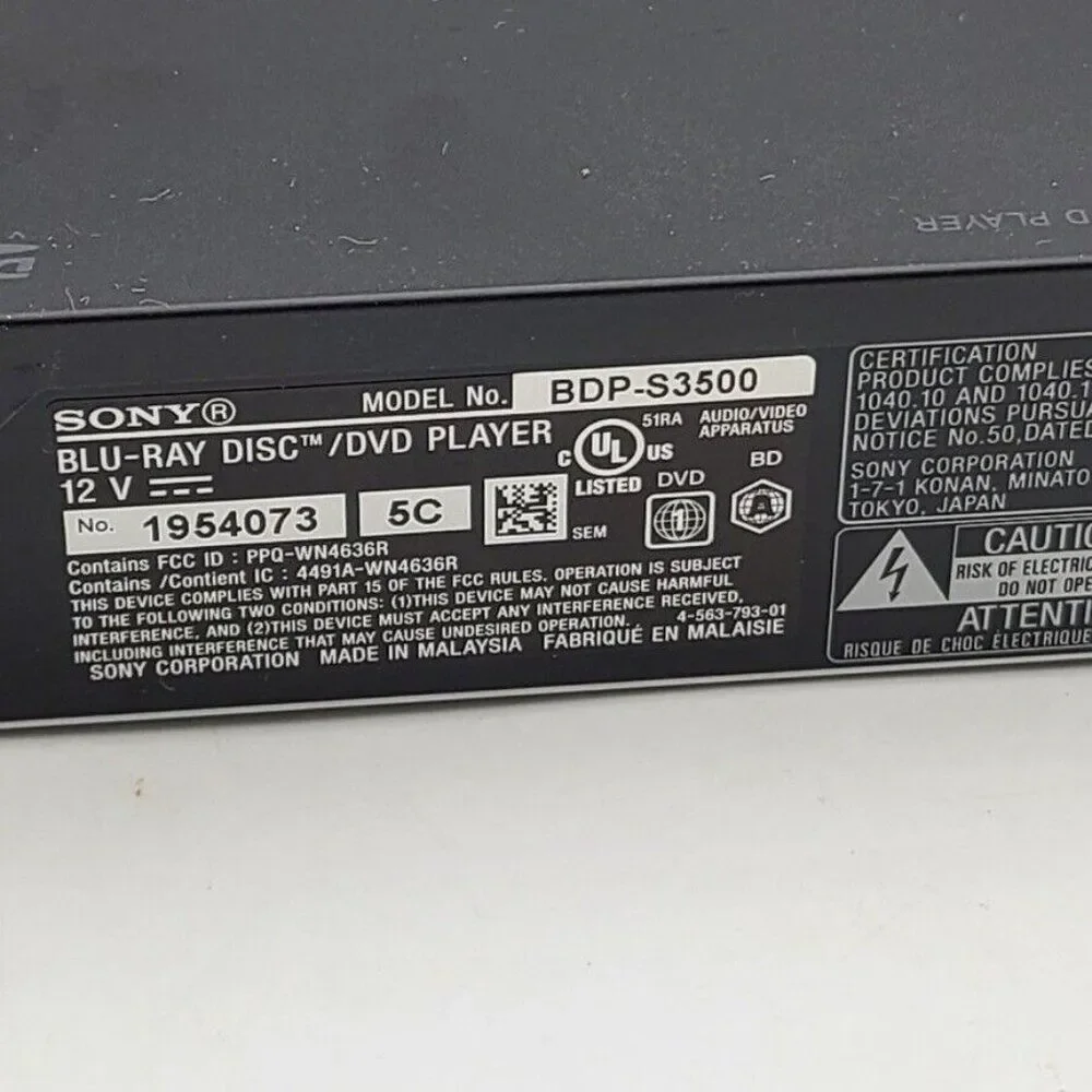 Sony Blu Ray Player BDP-S3500 Player Remote HDMI 1080P Wifi Streaming PS3 USB